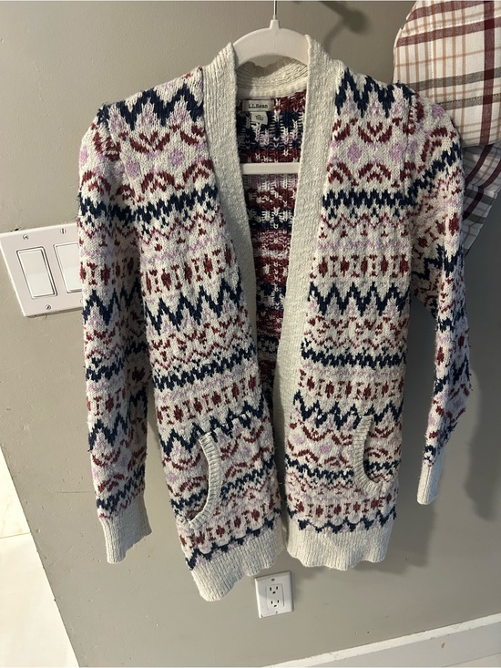 L.L. Bean Sweaters - L.L. Bean Cream Fair Isle Open-Front Cardigan with Navy & Burgundy Motif